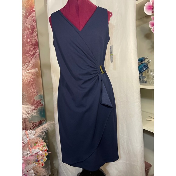 Dkny Dresses & Skirts - DKNY Sheath Dress Women 4 Navy Blue Good Faux Wrap Gold Buckle DD6ACH15